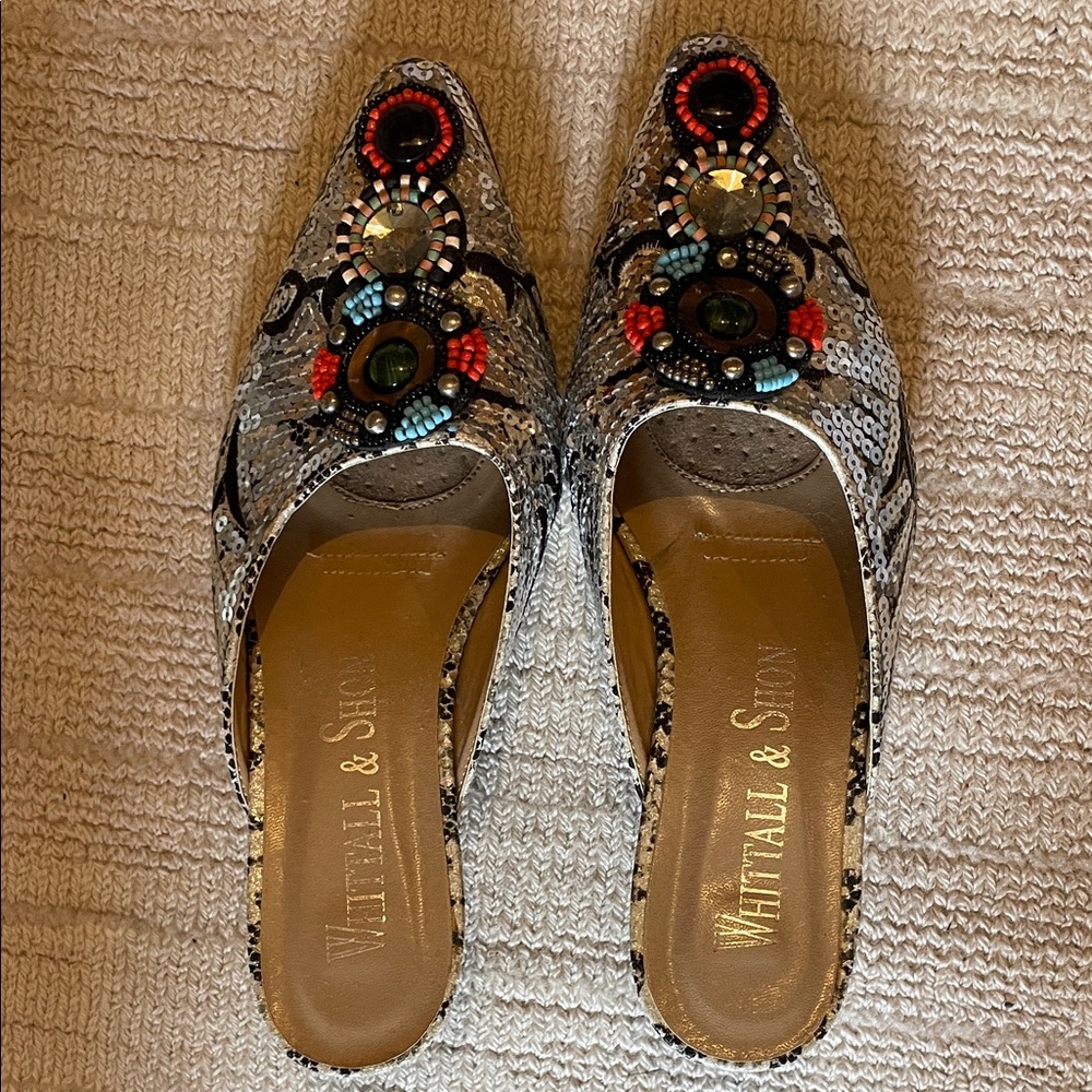 Whittall & Shon Beaded Silver Mules